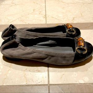 Gucci Grey Suede, Patent And Leather Bamboo Horsebit Ballet Flats